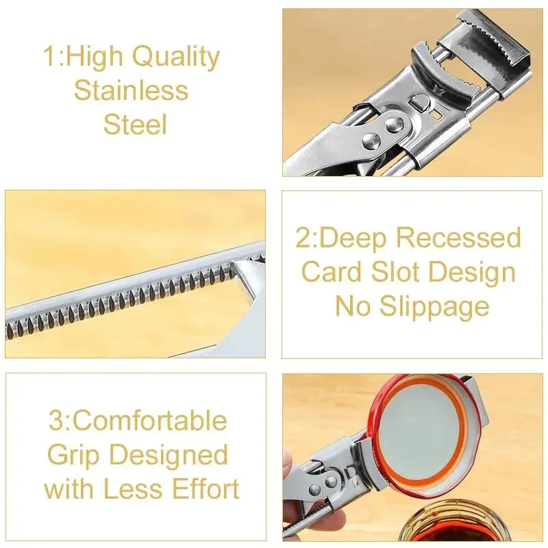 Close-up view of an adjustable stainless steel jar and bottle opener showing its design features.