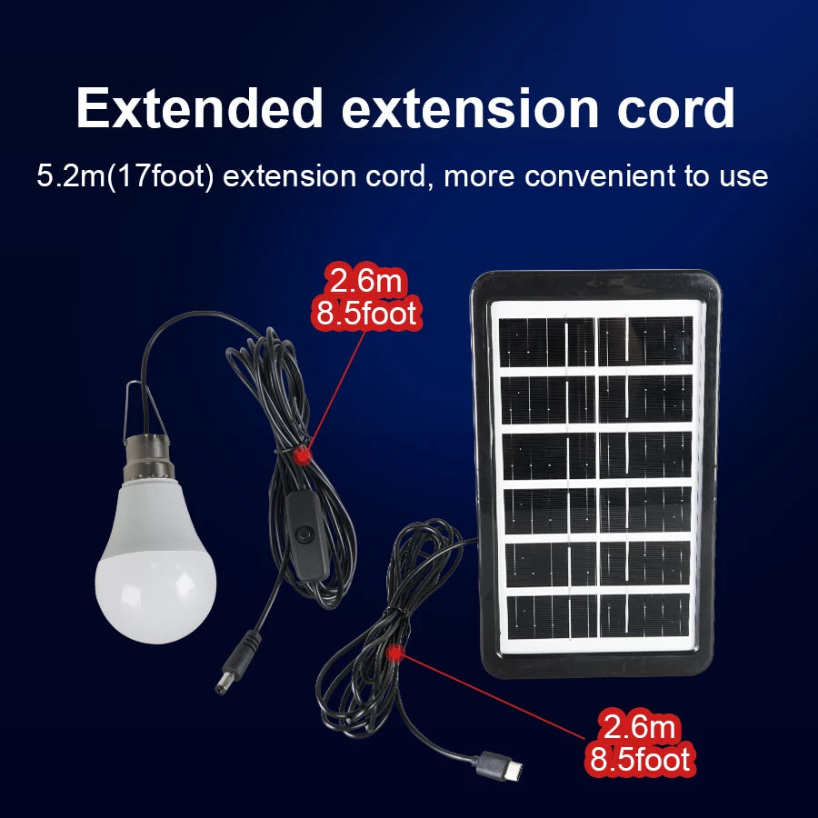 An extended extension cord is shown next to a solar-powered hanging LED lamp and a separate power cord.