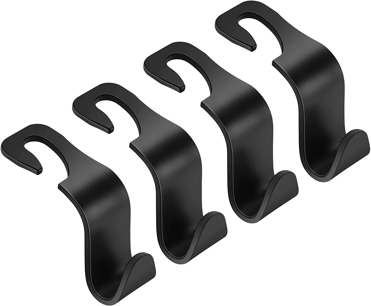 A set of four black car seat headrest hooks for organizing bags and belongings.