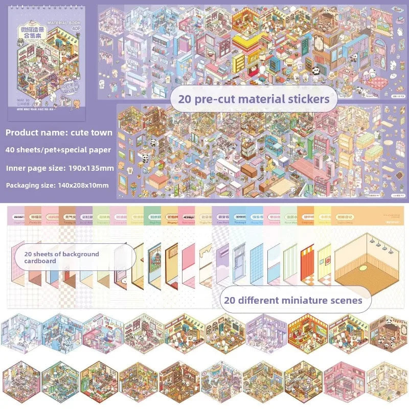 A collection of 20 pre-cut material stickers and 20 different miniature scenes on cardboard for scrapbooking and journaling.