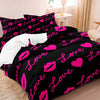 Black duvet cover featuring a vibrant pink lips and heart pattern.