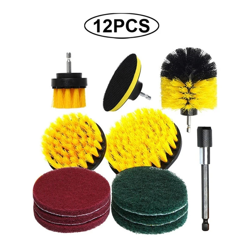 A set of 12 drill brush cleaning tools including various sizes and extensions for home and auto detailing.