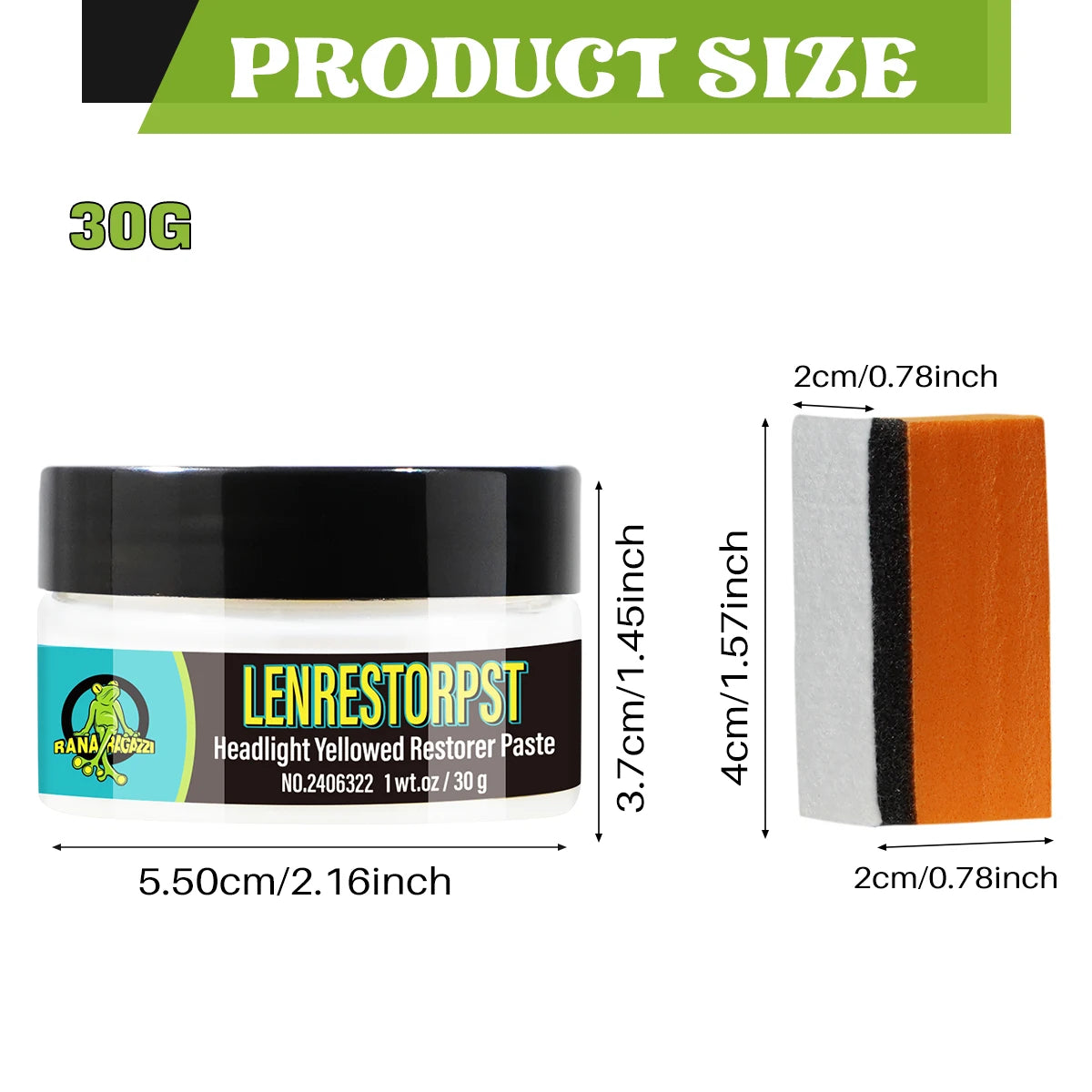 A tube of Lenrestorpst headlight yellowed restorer paste with a 30g size label and dimensions.