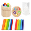 A set of wooden color sorting toys including a lid, a circular peg board, and several colored wooden rods for fine motor skil