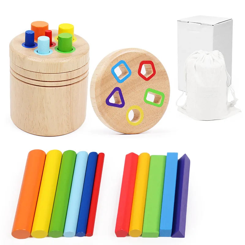 A set of wooden color sorting toys including a lid, a circular peg board, and several colored wooden rods for fine motor skil