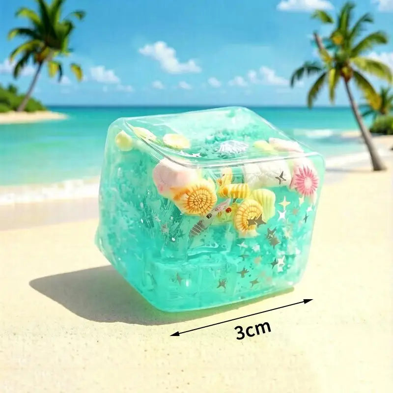 A clear blue glass squeeze toy filled with colorful sea-themed glitter and small decorative elements on a sandy beach.