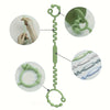 A green silicone pacifier chain with various looped and segmented pieces shown in detail.