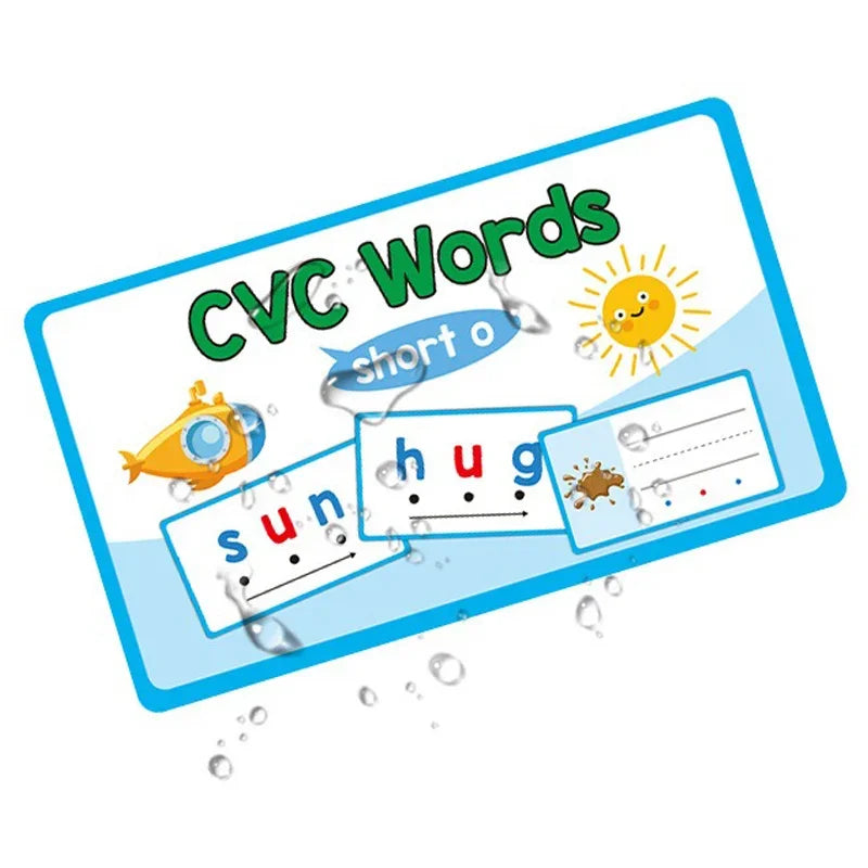 Set doppelseitiger CVC-Worterkennungs-Karteikarten mit Wörtern wie Sonne und Umarmung.