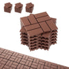 A stack of interlocking deck tiles in a reddish-brown color, shown next to individual tiles and a section of installed deckin