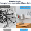 Before and after comparison showing messy wires and tools versus organized space-saving hooks in a home setting