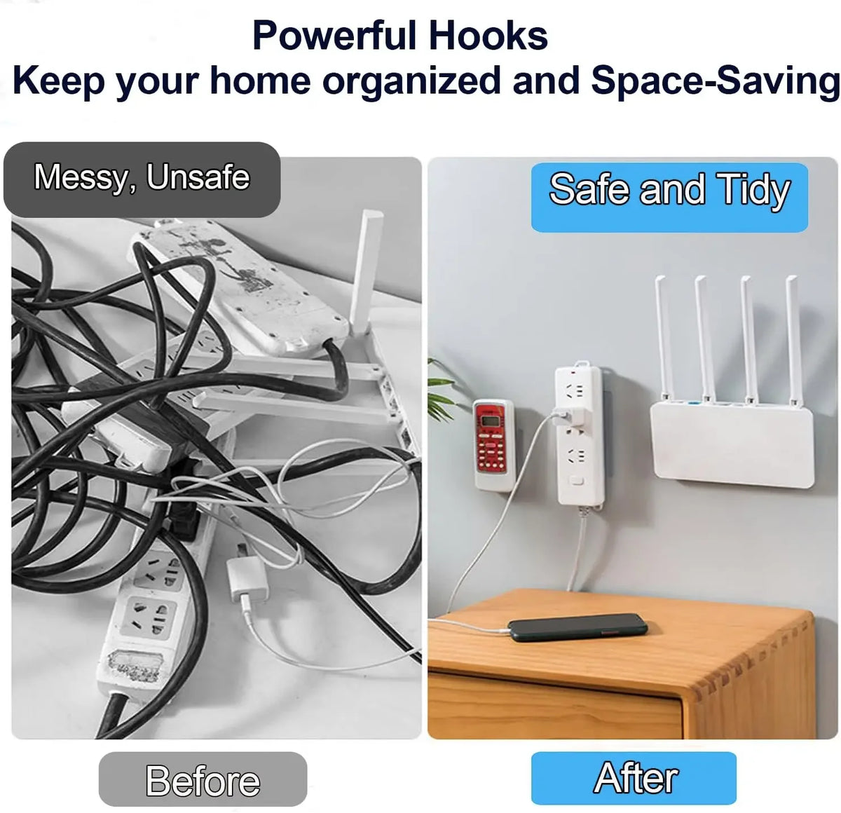 Before and after comparison showing messy wires and tools versus organized space-saving hooks in a home setting