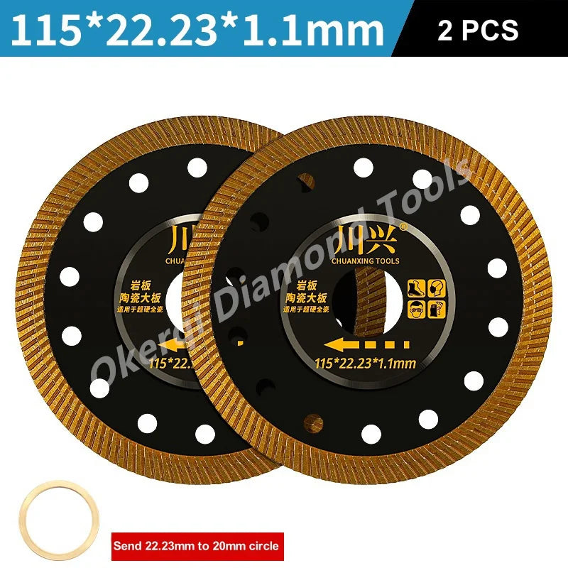 Two round diamond saw blades with gold edges and black centers, measuring 115x22.23x1.1mm each.