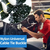 A man installs a nylon universal cable tie buckle on a car panel, with a pile of black cable ties visible.