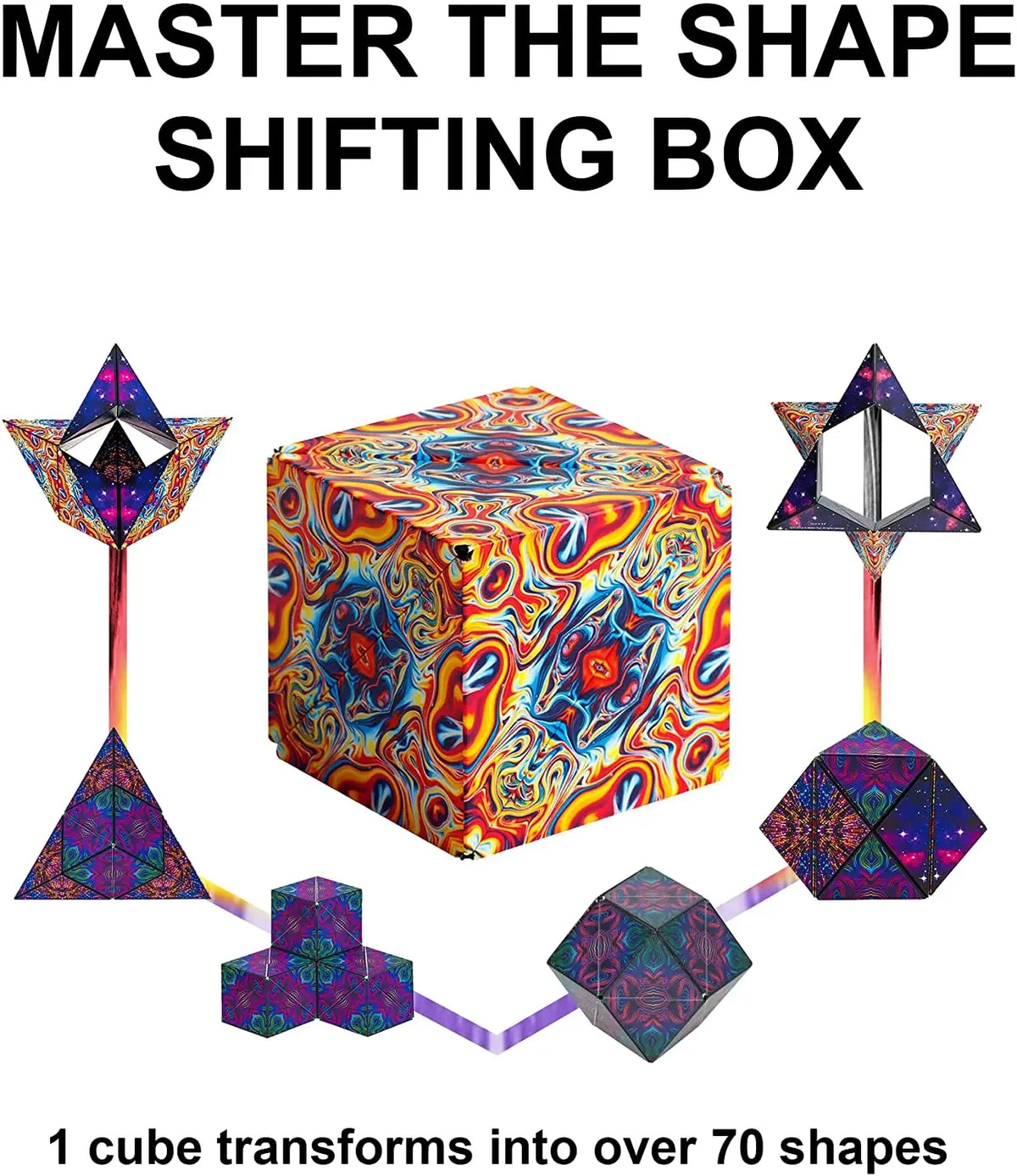 A colorful cube transforming into over 70 different geometric shapes.