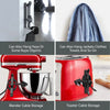 Red countertop cable organizer showing various storage options like hanging keys, rope objects, jackets, towels, and toasters