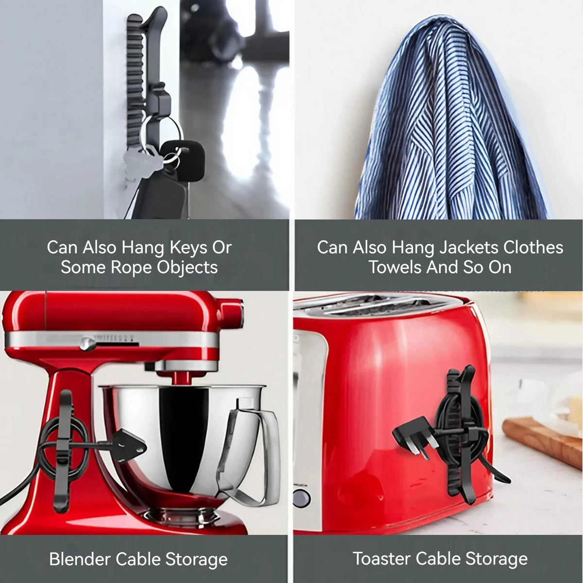Red countertop cable organizer showing various storage options like hanging keys, rope objects, jackets, towels, and toasters