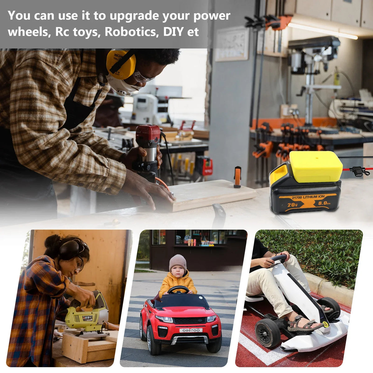 A yellow power tool battery adapter is shown next to a red RC car and various tools.