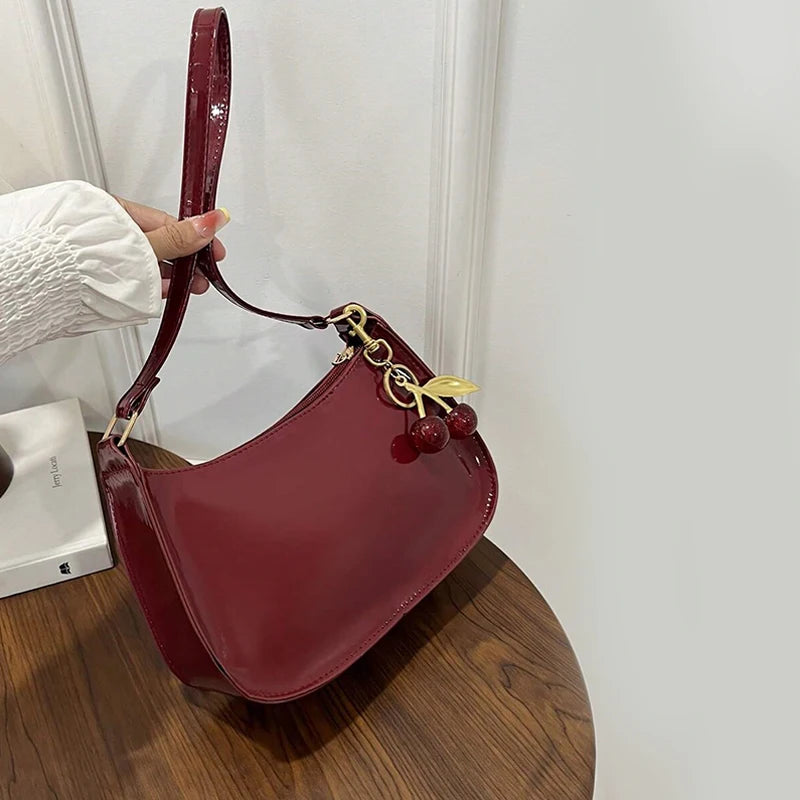 PU Leather Shoulder Bag with Cherry Pendant