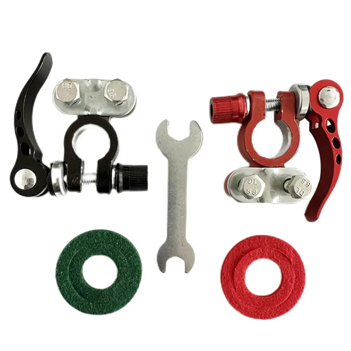 A set of quick-release car battery terminal connectors including clamps and rubber rings.