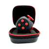 A black 12-sided fidget cube with red buttons is shown inside its black carrying case.