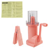 A pink portable hand-crank knitting tool for making bracelets and DIY crafts, shown with its components.