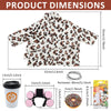 A leopard print outfit for a goose includes a hood, collar, and accessories like a cup holder and donut.
