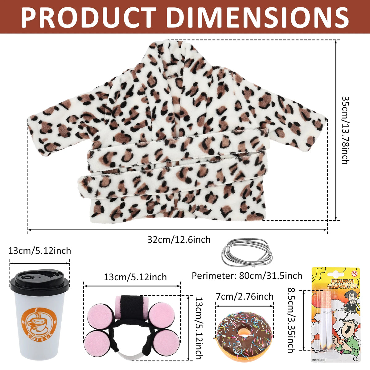 A leopard print outfit for a goose includes a hood, collar, and accessories like a cup holder and donut.