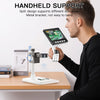A man is holding a handheld split design digital microscope with a metal bracket for inspection.