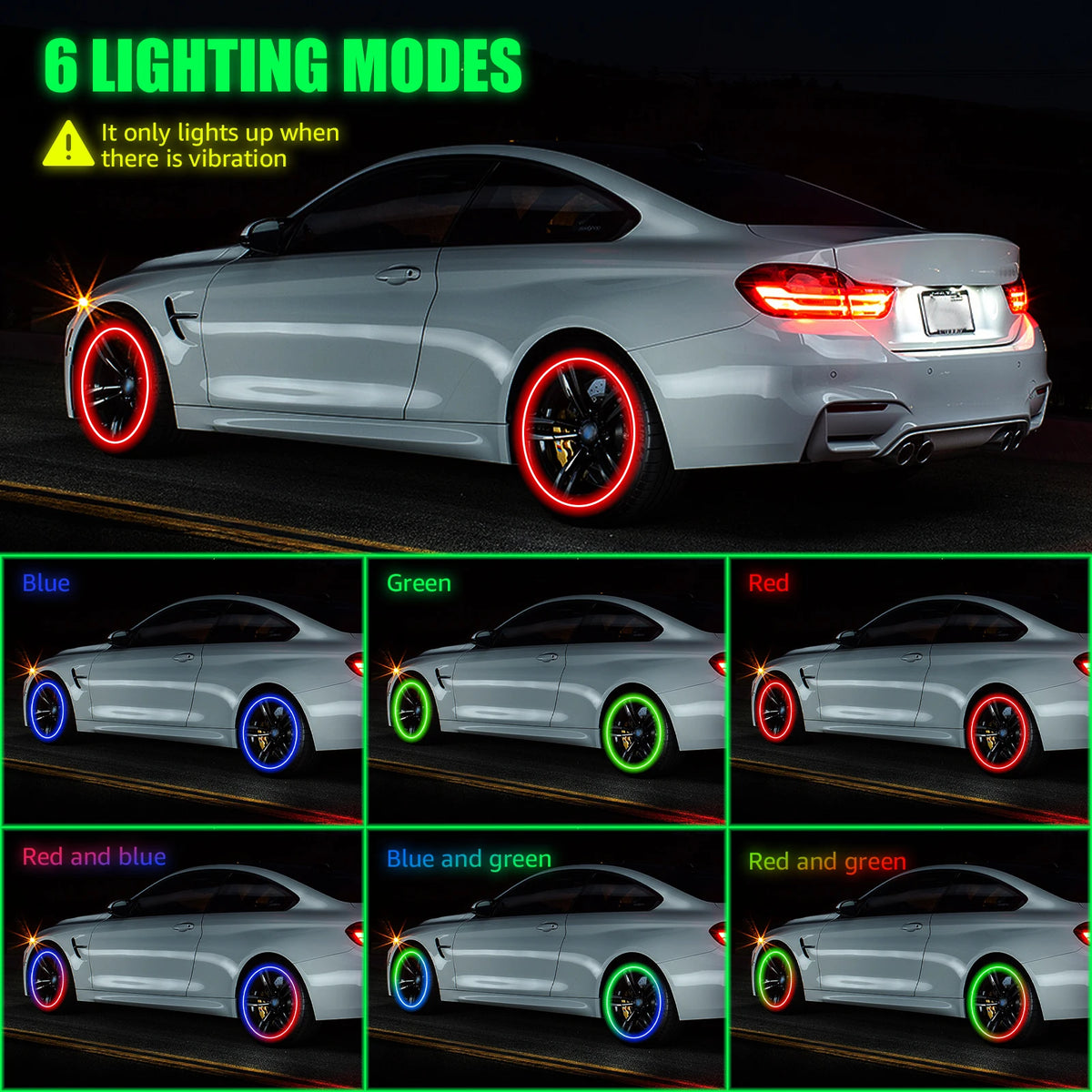 A white car is shown with various colored LED lighting effects on the wheels, demonstrating six different modes.
