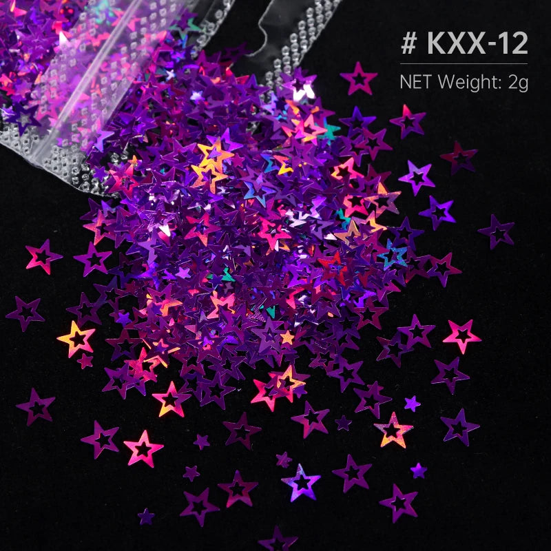 A pile of iridescent purple and pink holographic star sequins is shown against a black background.