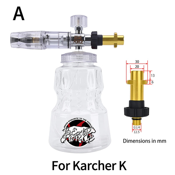 Lance en mousse d'aluminium pour nettoyeur haute pression Karcher, montrant l'unité portable et les raccords.