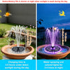A solar-powered floating fountain with a purple LED light spraying water in an outdoor setting.