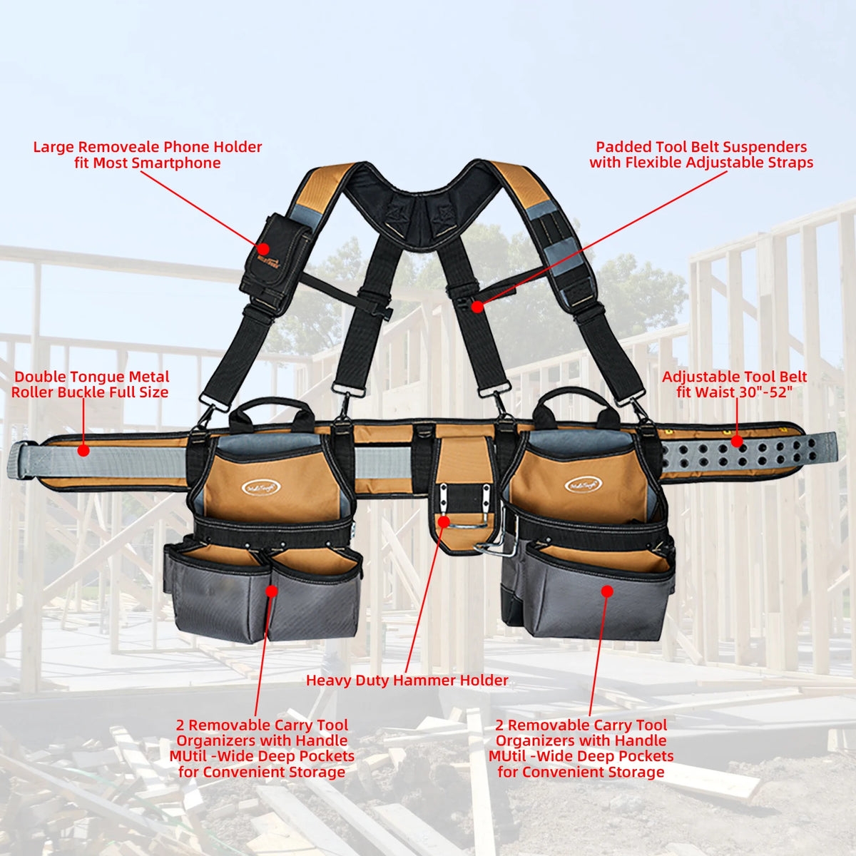 Heavy-Duty Carpenter Tool Belt with Suspenders and Pouch Set