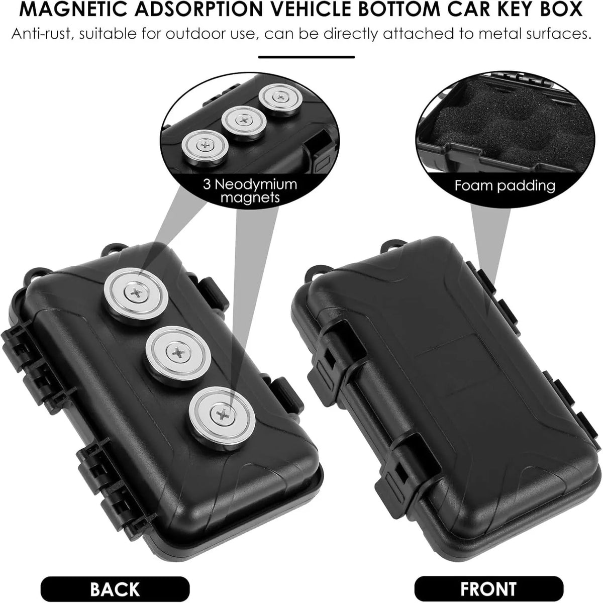 Front and back views of a black magnetic adsorption vehicle bottom car key box with foam padding