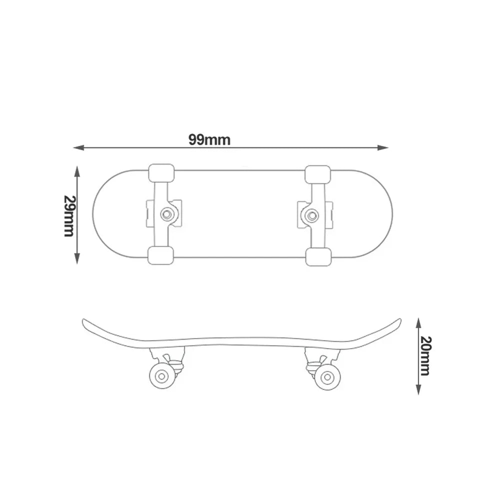 Side view of a precision wooden finger skateboard showing dimensions of 99mm length and 29mm thickness.