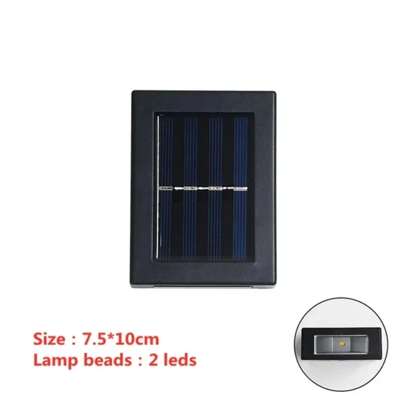 A black rectangular solar-powered LED wall light with two light beads.