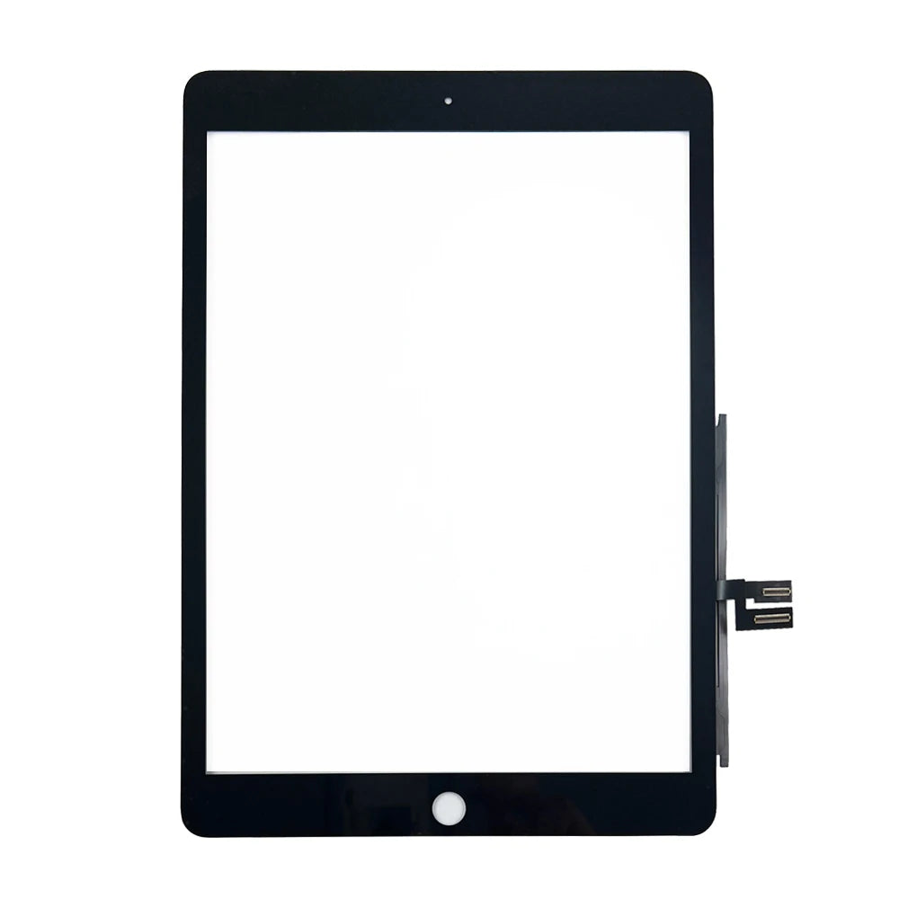 A black replacement touch screen for an iPad, shown with the connector port visible.