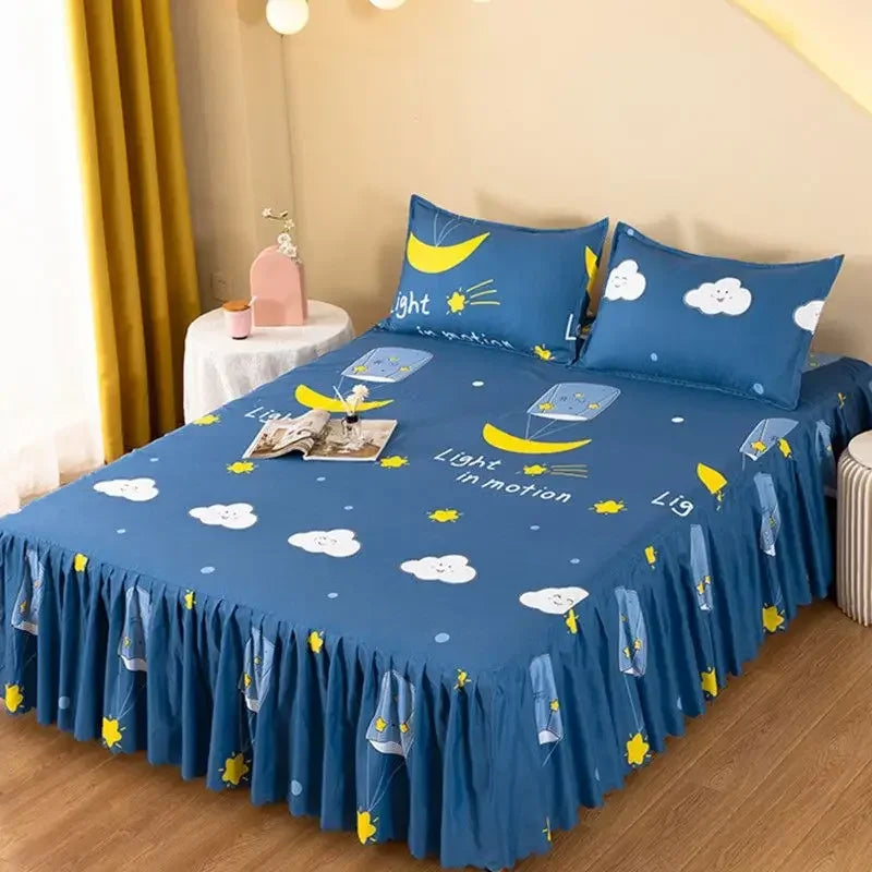 Elegant Elastic Fitted Bed Sheet Set with Lace Skirt and Pillowcases