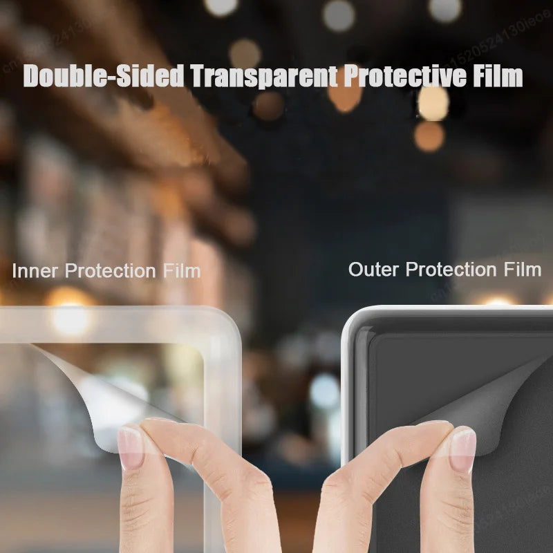 Hands are applying a double-sided transparent protective film to a device, showing inner and outer protection films.
