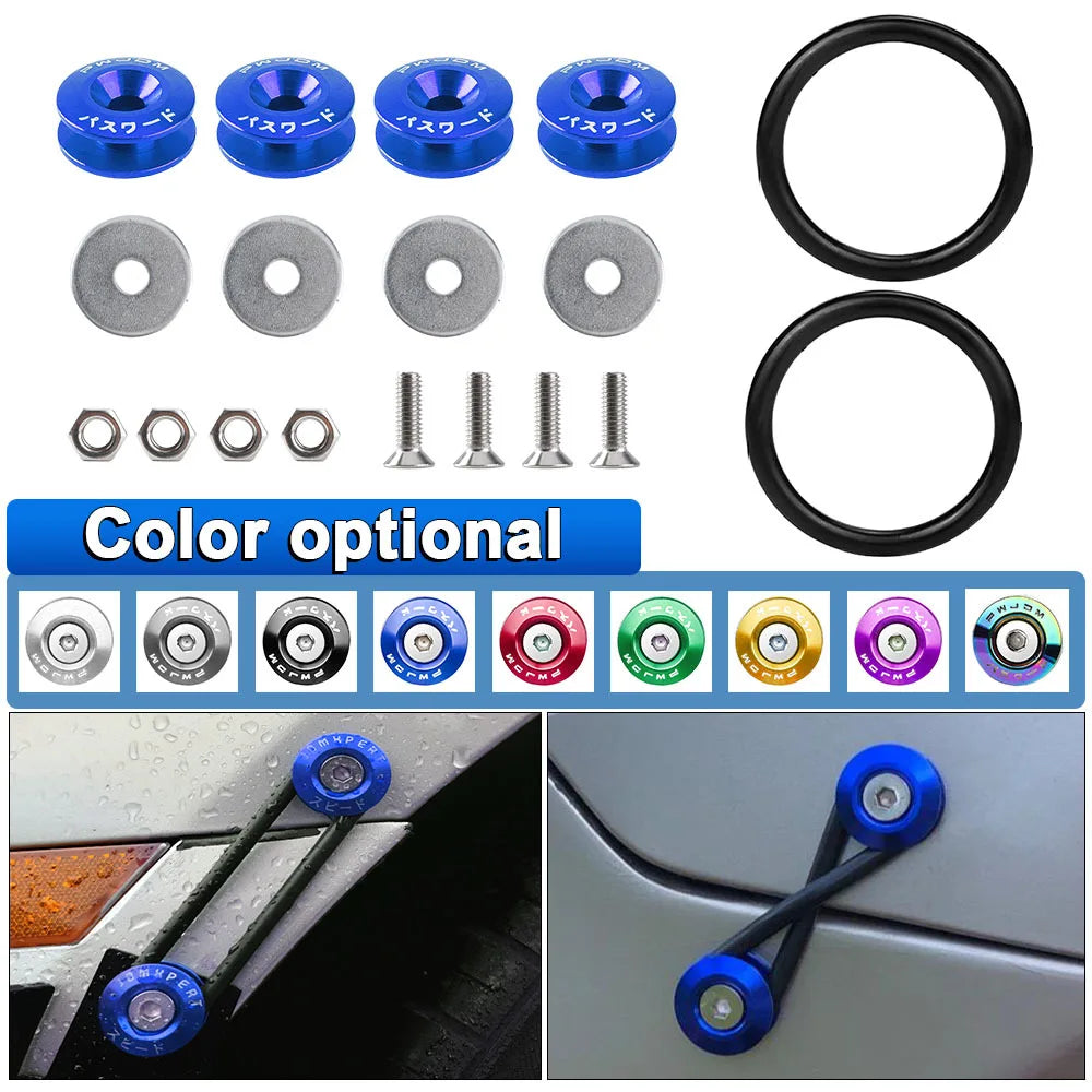 Set of aluminum quick release bumper fasteners including various sizes and a black ring