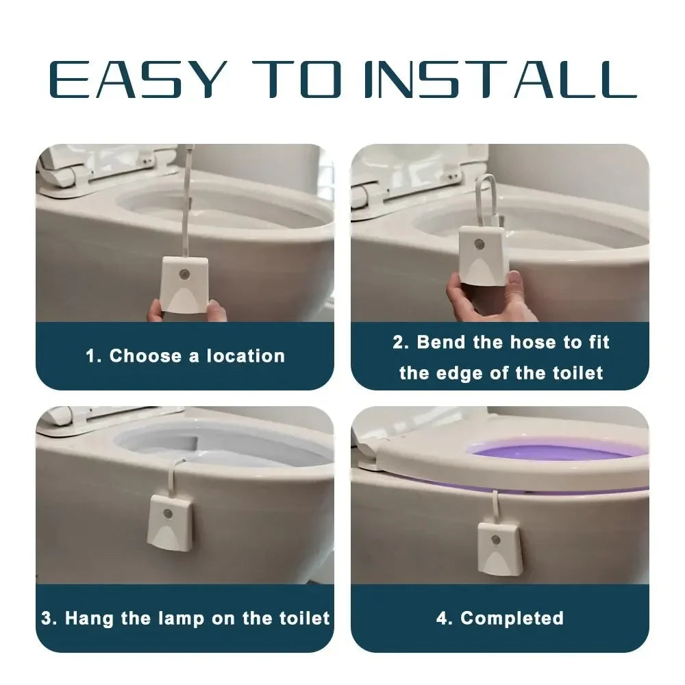 Instructions for installing a rechargeable motion sensor toilet night light on a toilet.