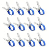 A set of six stainless steel pool cover clips with comfort grip handles in blue and silver.