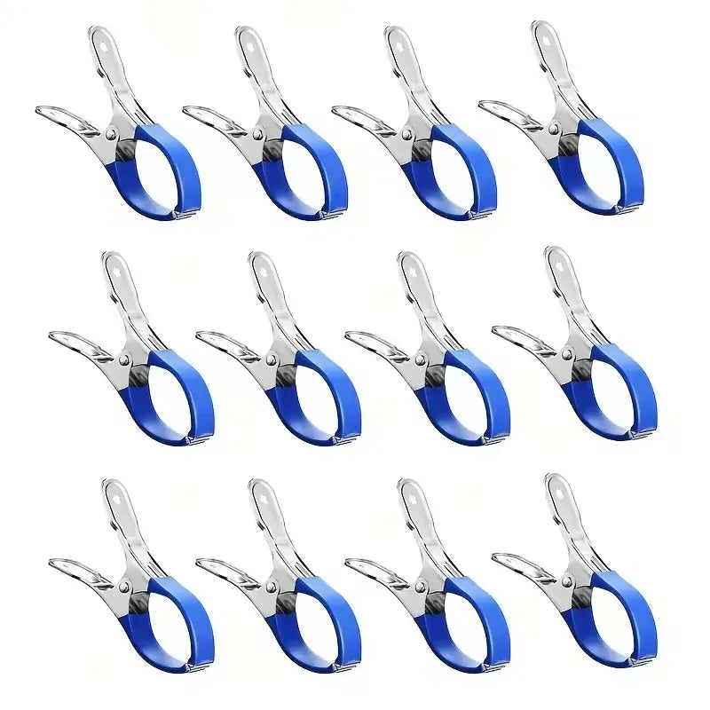 A set of six stainless steel pool cover clips with comfort grip handles in blue and silver.