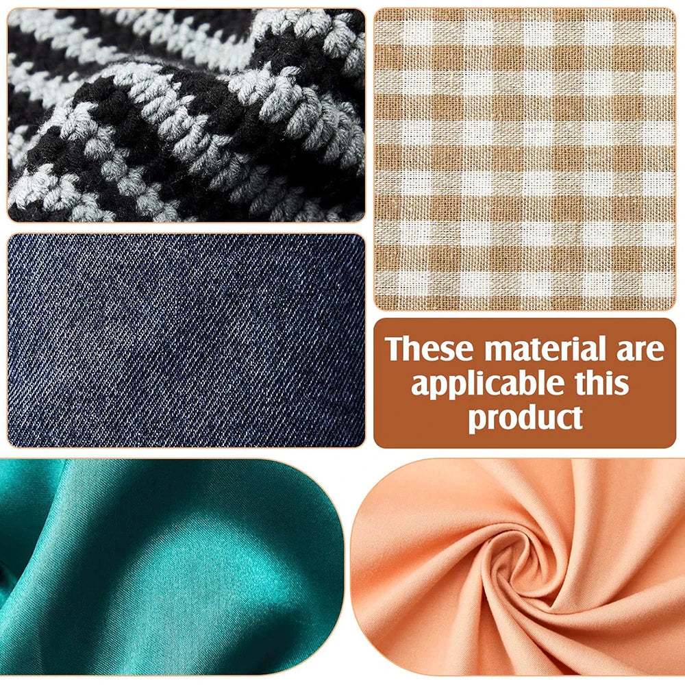 A collection of fabric materials including black and white knitted yarn, dark denim, teal satin, and peach silk for clothing 
