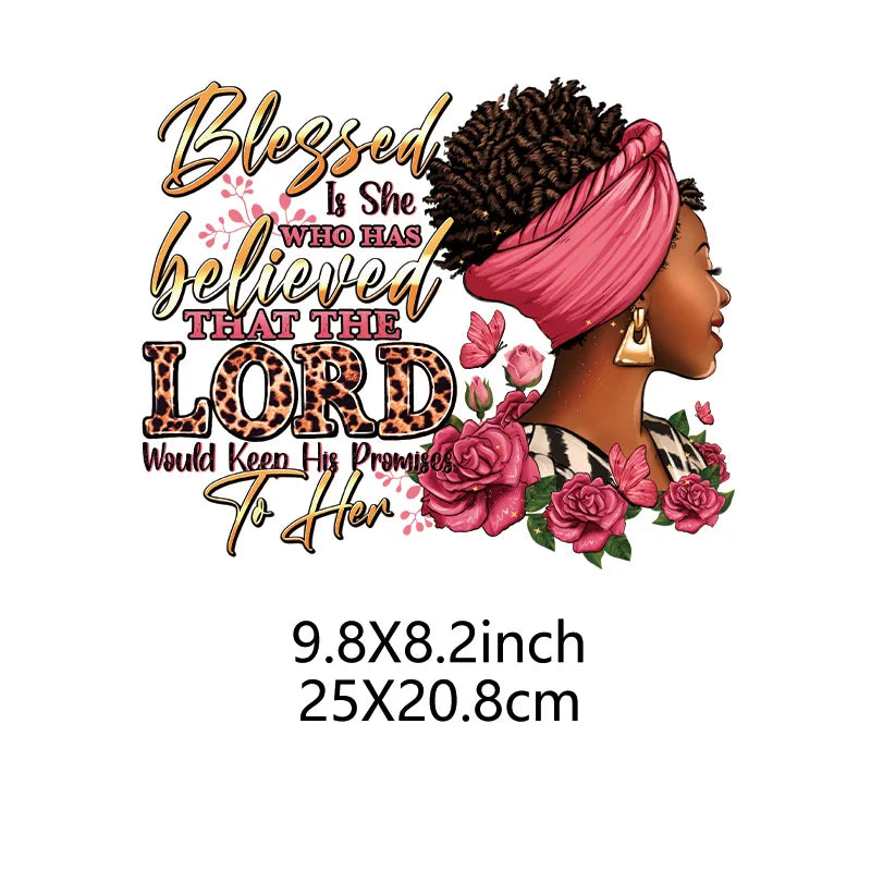 A design featuring text that reads Blessed Is She who has believed that the Lord would keep His promises to her, with a woman