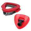 A pair of red spin mop scrub brushes with black bristles for multi-surface cleaning.