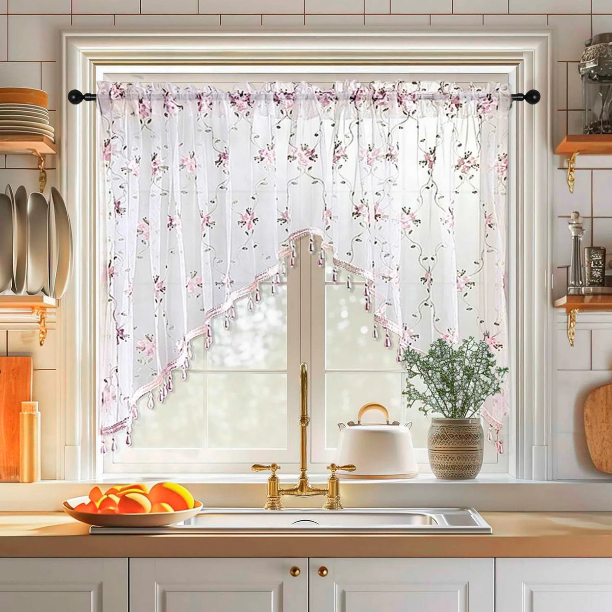 Embroidered Floral Lace Valance Curtain