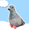 A soft gray pigeon plush toy with a white stripe around its eye and pink feet.