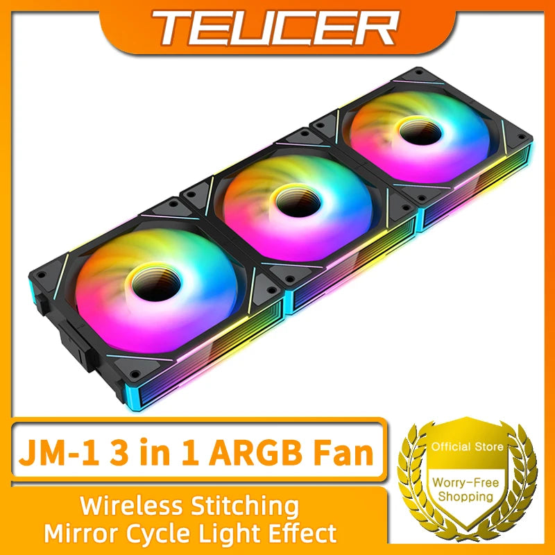 Schwarzer 360mm ARGB-Lüfter mit Spiegel-Zyklus-Licht-Effekt von oben.