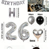 A kit for a balloon garland featuring silver and black foil numbers, including balloons and chocolate powder.